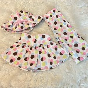 Gymboree Polka Dot Sun Hat Skirt Pants Size 3t Cotton Pink Brown Pastels Spring